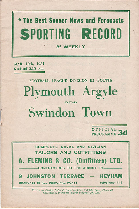 <b>Saturday, March 10, 1951</b><br />vs. Plymouth Argyle (Away)